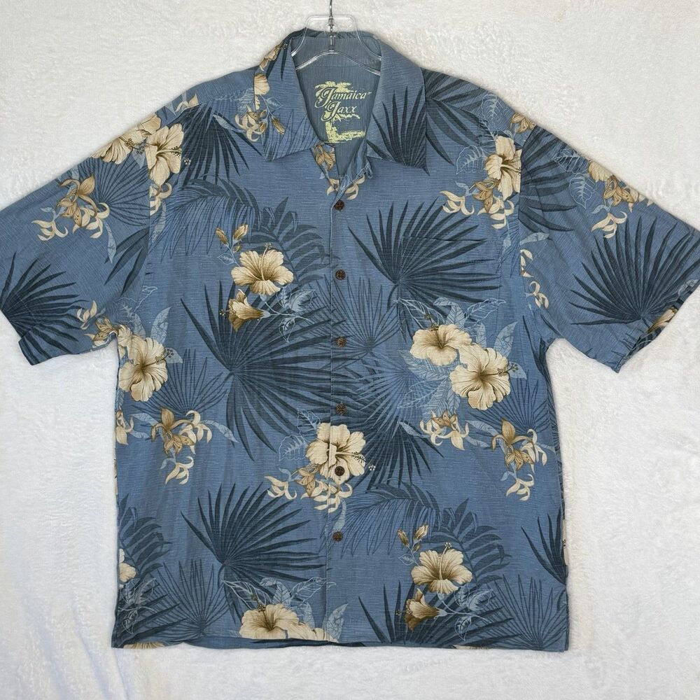 Jamaica Jaxx 100% Silk Floral Casual Button-Up Shirt Mens Size M Blue Hawaiian